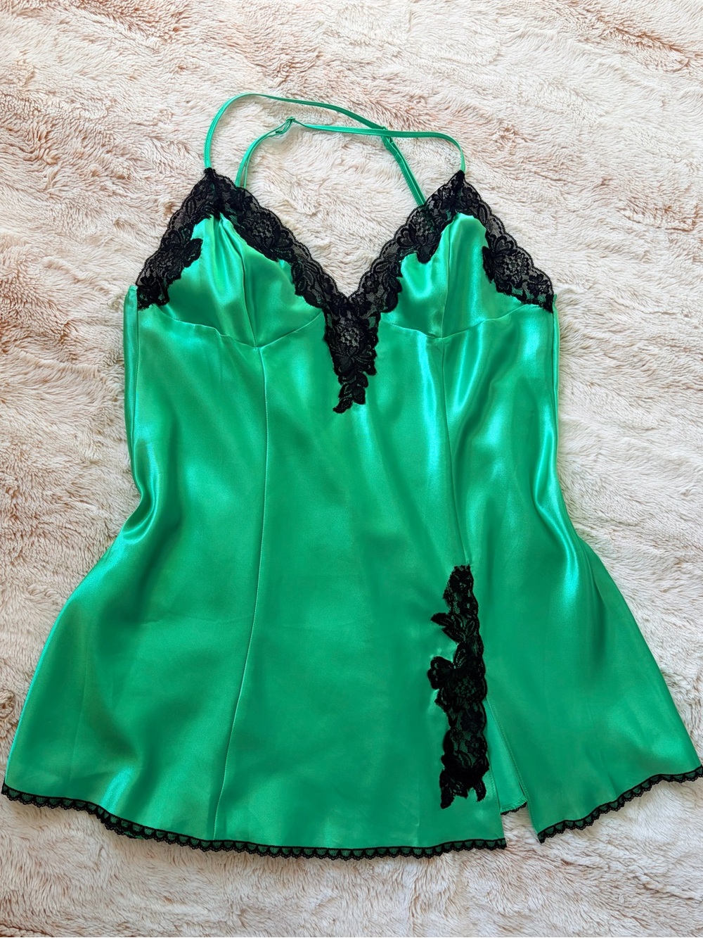 Vintage Y2K Frederick’ of Hollywood Emerald Satin Lace Slip Dress Coquette Fairy